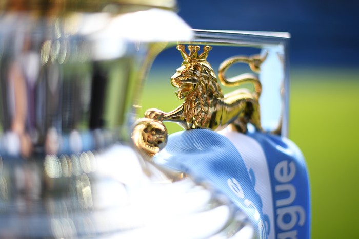 Premier League MANCHESTER, ENGLAND - MAY 06: The Premier League Trophy on display prior to the Premier League match between Manchester City and Huddersfield Town at Etihad Stadium on May 6, 2018 in Manchester, England. (Photo by Michael Regan/Getty Images)