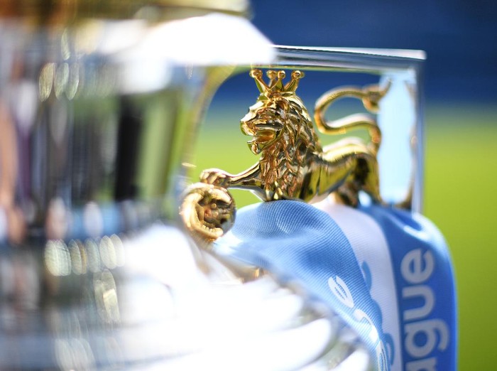 MANCHESTER, ENGLAND - MAY 06:  The Premier League Trophy on display prior to the Premier League match between Manchester City and Huddersfield Town at Etihad Stadium on May 6, 2018 in Manchester, England.  (Photo by Michael Regan/Getty Images)