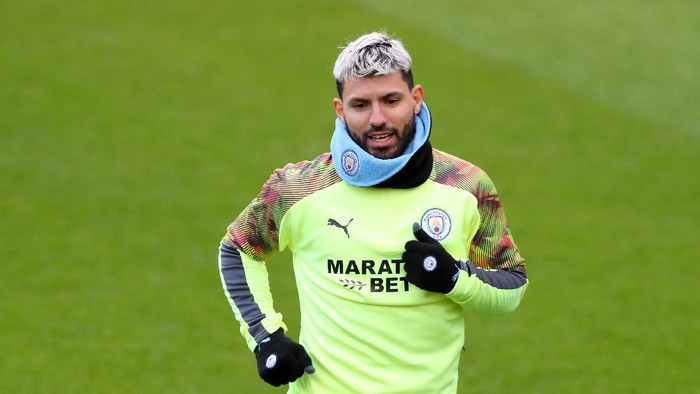 MANCHESTER, ENGLAND - FEBRUARY 25: Sergio Aguero of Manchester City participates in a training session ahead of their UEFA Champions League round of 16 first leg match against Real Madrid at Manchester City Football Academy on February 25, 2020 in Manchester, United Kingdom. (Photo by Alex Livesey/Getty Images)