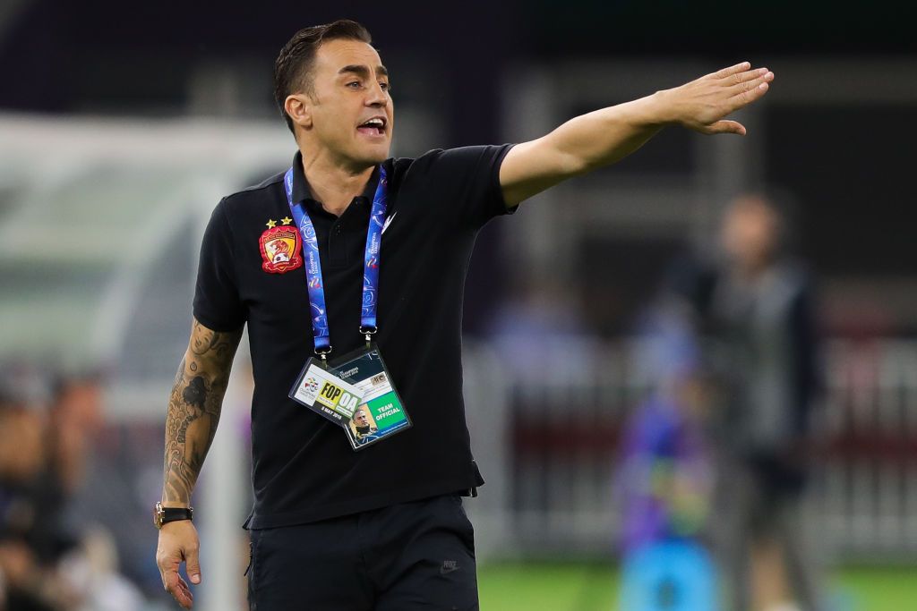 TIANJIN, CHINA - MAY 08: Head coach Fabio Cannavaro of Guangzhou Evergrande gestures during the AFC Champions League Round of 16 first leg match between Tianjin Quanjian and Guangzhou Evergrande at the Tianjin Olympic Center Stadium on May 8, 2018 in Tianjin, China.  (Photo by Lintao Zhang/Getty Images)