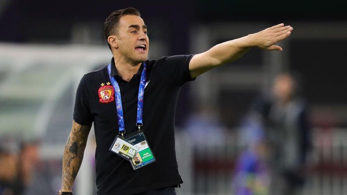 TIANJIN, CHINA - MAY 08: Head coach Fabio Cannavaro of Guangzhou Evergrande gestures during the AFC Champions League Round of 16 first leg match between Tianjin Quanjian and Guangzhou Evergrande at the Tianjin Olympic Center Stadium on May 8, 2018 in Tianjin, China.  (Photo by Lintao Zhang/Getty Images)