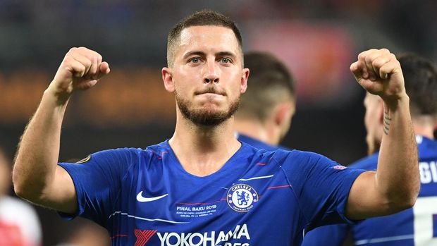 Chelsea's Belgian midfielder Eden Hazard  celebrates after celebrates after scoring a goal during the UEFA Europa League final football match between Chelsea FC and Arsenal FC at the Baku Olympic Stadium in Baku, Azerbaijian, on May 29, 2019. (Photo by OZAN KOSE / AFP)