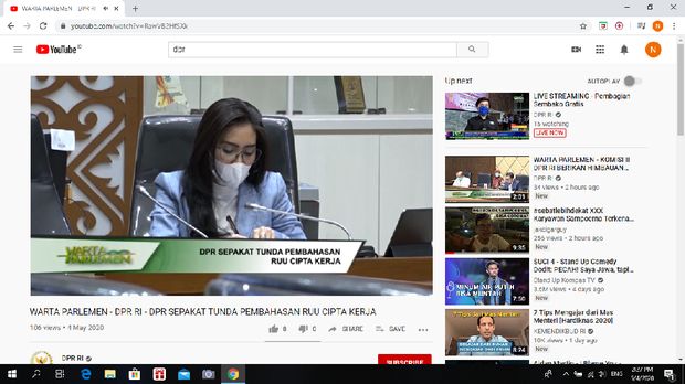 Akun Youtube resmi DPR RI mengumumkan penundaan pembahasan rancangan undang-undang (RUU) Omnibus Law Cipta Kerja lewat video berjudul 