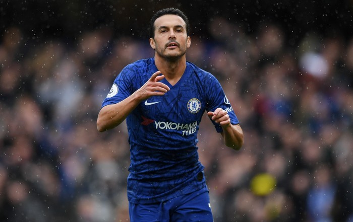 LONDON, ENGLAND - MARCH 08: Pedro of Chelsea celebrates after scoring his teams second goal during the Premier League match between Chelsea FC and Everton FC at Stamford Bridge on March 08, 2020 in London, United Kingdom. (Photo by Shaun Botterill/Getty Images)