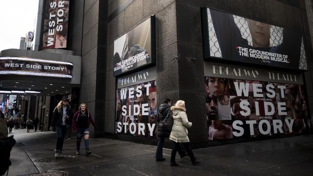 (FILES) In this file photo taken on March 12, 2020 signage of the Broadway play