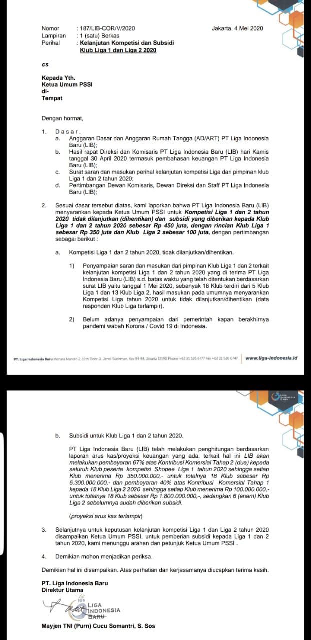 Surat PT LIB ke PSSI.