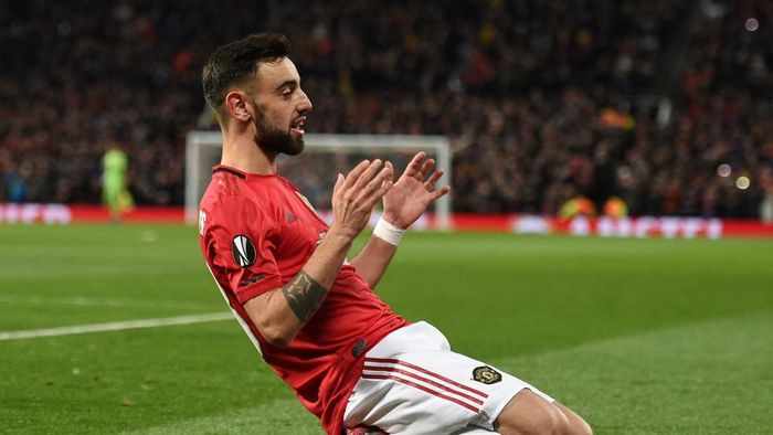 Bruno Fernandes Manchester Uniteds Portuguese midfielder Bruno Fernandes celebrates scoring his teams first goal during the UEFA Europa League round of 32 second leg football match between Manchester United and Club Brugge at Old Trafford in Manchester, north west England, on February 27, 2020. (Photo by Oli SCARFF / AFP)