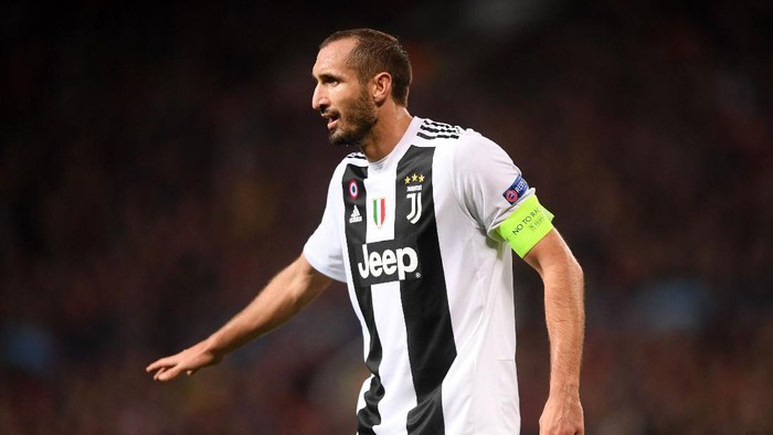 MANCHESTER, ENGLAND - OCTOBER 23: Giorgio Chiellini of Juventus looks on during the Group H match of the UEFA Champions League between Manchester United and Juventus at Old Trafford on October 23, 2018 in Manchester, United Kingdom. (Photo by Laurence Griffiths/Getty Images)