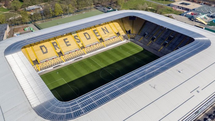 An aerial file picture taken on April 8, 2020 in Dresden shows a view of Rudolf-Harbig stadium, where the German second division Bundesliga football club Dynamo Dresden trains. - Dynamo Dresden placed their entire squad into a 14-day quarantine on May 09, 2020, just a week from the restart of the Bundesliga season, after the club reported two more cases of coronavirus. (Photo by Jan Woitas / dpa / AFP) / Germany OUT