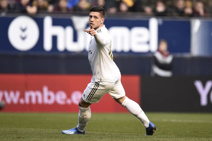 Luka Jovic Real Madrid PAMPLONA, SPAIN - FEBRUARY 09: Luka Jovic of Real Madrid celebrates after scoring his teams fourth goal during the La Liga match between CA Osasuna and Real Madrid CF at El Sadar Stadium on February 09, 2020 in Pamplona, Spain. (Photo by Juan Manuel Serrano Arce/Getty Images)