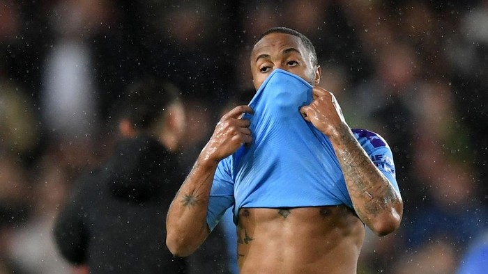 MANCHESTER, ENGLAND - MARCH 08: Raheem Sterling of Manchester City reacts after the Premier League match between Manchester United and Manchester City at Old Trafford on March 08, 2020 in Manchester, United Kingdom. (Photo by Michael Regan/Getty Images)