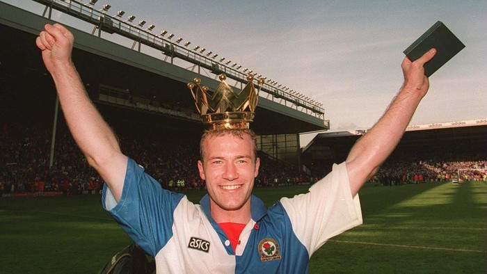 14 MAY 1995:  BLACKBURN ROVERS STRIKER  ALAN SHEARER CELEBRATES AFTER HIS TEAM CLINCHED THE LEAGUE TITLE AFTER THE GAME AGAINST LIVERPOOL.