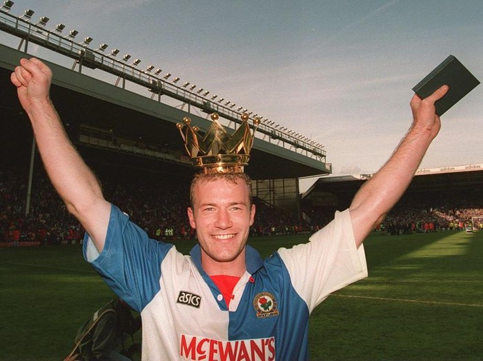 14 MAY 1995:  BLACKBURN ROVERS STRIKER  ALAN SHEARER CELEBRATES AFTER HIS TEAM CLINCHED THE LEAGUE TITLE AFTER THE GAME AGAINST LIVERPOOL.
