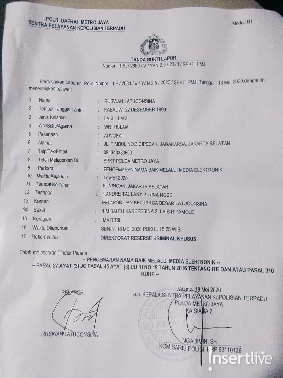 Surat laporan untuk Rina Nose dan Andre Taulany