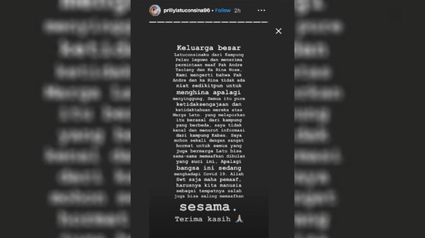 screenshot dari instagram story prilly latuconsina