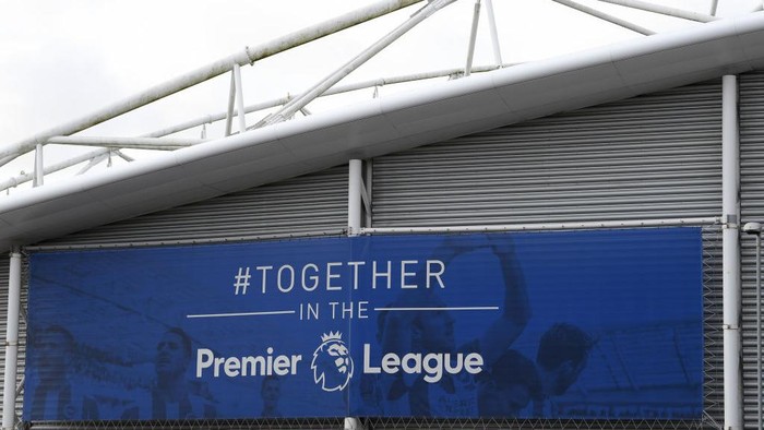 BRIGHTON, ENGLAND - MARCH 13: A Premier League banner on display  at the Amex Stadium. The Brighton & Hove Albion v Arsenal Premier League game has been cancelled due to Covid-19 on March 13, 2020 in Brighton, England. (Photo by Mike Hewitt/Getty Images)