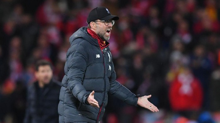 LIVERPOOL, ENGLAND - MARCH 11: Jurgen Klopp, Manager of Liverpool reacts during the UEFA Champions League round of 16 second leg match between Liverpool FC and Atletico Madrid at Anfield on March 11, 2020 in Liverpool, United Kingdom.  (Photo by Laurence Griffiths/Getty Images)
