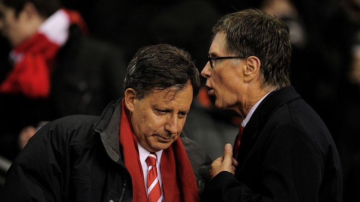 LIVERPOOL, ENGLAND - JANUARY 25:  Liverpool owners Tom Werner (L) and John Henry speak prior to the Carling Cup Semi Final Second Leg match between Liverpool and Manchester City at Anfield on January 25, 2012 in Liverpool, England.  (Photo by Michael Regan/Getty Images)