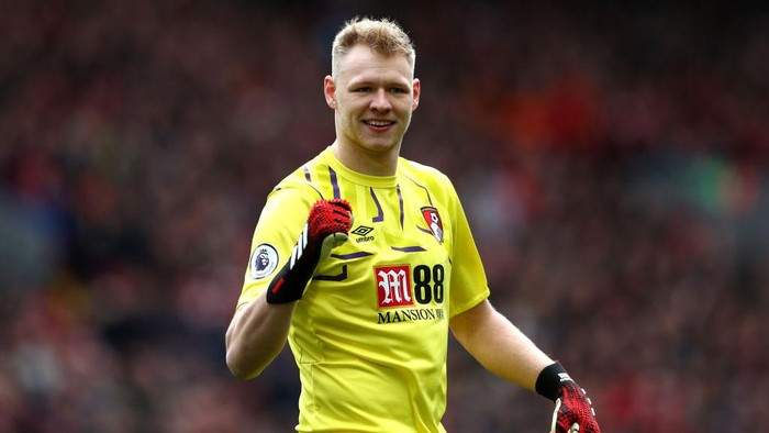 LIVERPOOL, ENGLAND - MARCH 07: Aaron Ramsdale of AFC Bournemouth celebrates his sides first goal during the Premier League match between Liverpool FC and AFC Bournemouth  at Anfield on March 07, 2020 in Liverpool, United Kingdom. (Photo by Jan Kruger/Getty Images)