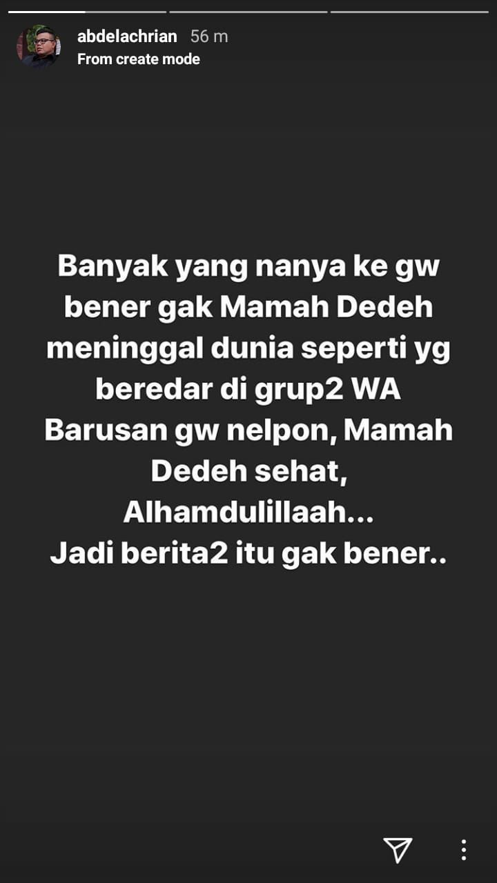 Abdel tegaskan Mamah Dedeh masih sehat