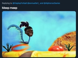 Salah satu meme Road Runner dengan wajah Alphonso Davies. (Foto: screenshot Internet/Twitter)