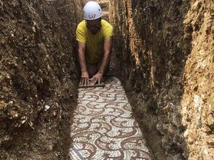Penampakan Lantai Mosaik Romawi yang Ditemukan di Kebun Anggur Italia Penampakan Lantai Mosaik Romawi yang Ditemukan di Kebun Anggur Italia