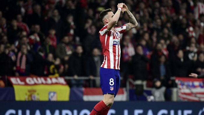 Saul Niguez Atletico Madrids Spanish midfielder Saul Niguez celebrates after scoring the opening goal during the UEFA Champions League, round of 16, first leg football match between Club Atletico de Madrid and Liverpool FC at the Wanda Metropolitano stadium in Madrid on February 18, 2020. (Photo by JAVIER SORIANO / AFP)