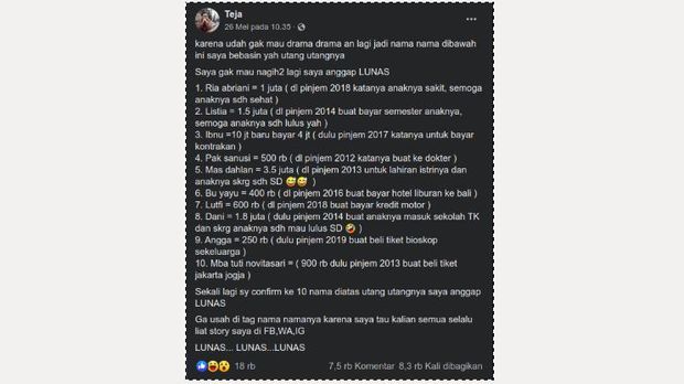 Unggahan Teja tentang utang teman-temannya