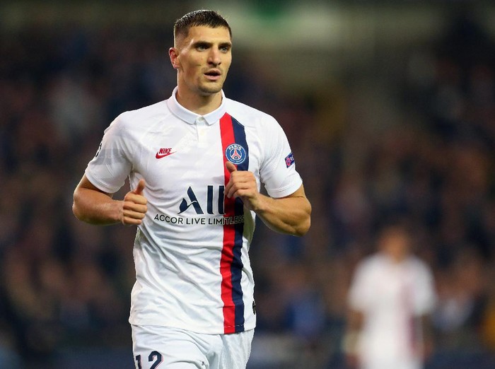 BRUGGE, BELGIUM - OCTOBER 22: Thomas Meunier of Paris Saint-Germain during the UEFA Champions League group A match between Club Brugge KV and Paris Saint-Germain at Jan Breydel Stadium on October 22, 2019 in Brugge, Belgium. (Photo by Catherine Ivill/Getty Images)