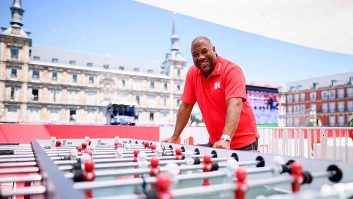 MADRID, SPAIN - MAY 31: John Barnes shows off his (table) football skills at the Hotels.com Champions Retreat ahead of the UEFA Champions League Final on May 31, 2019 in Madrid, Spain. (Photo by Samuel de Roman/Getty Images for Hotels.com)