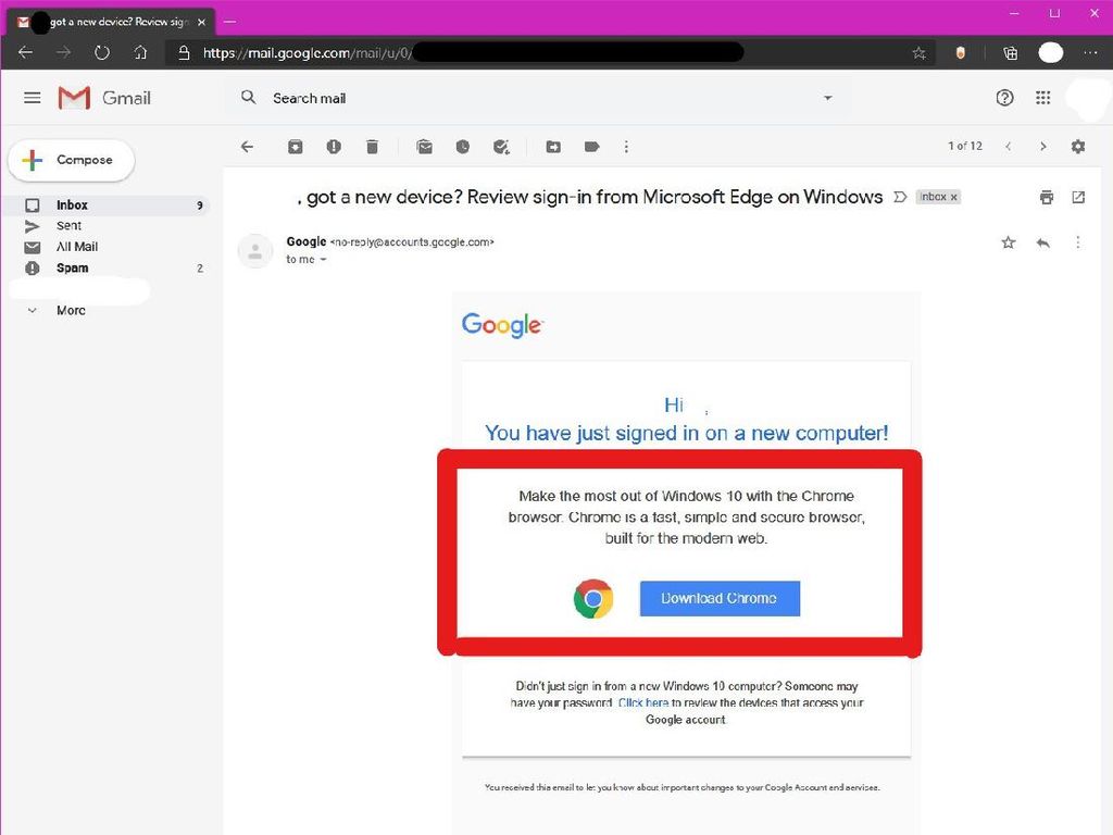 Buka Gmail di Microsoft Edge, Pengguna Dapat Email Security Alert