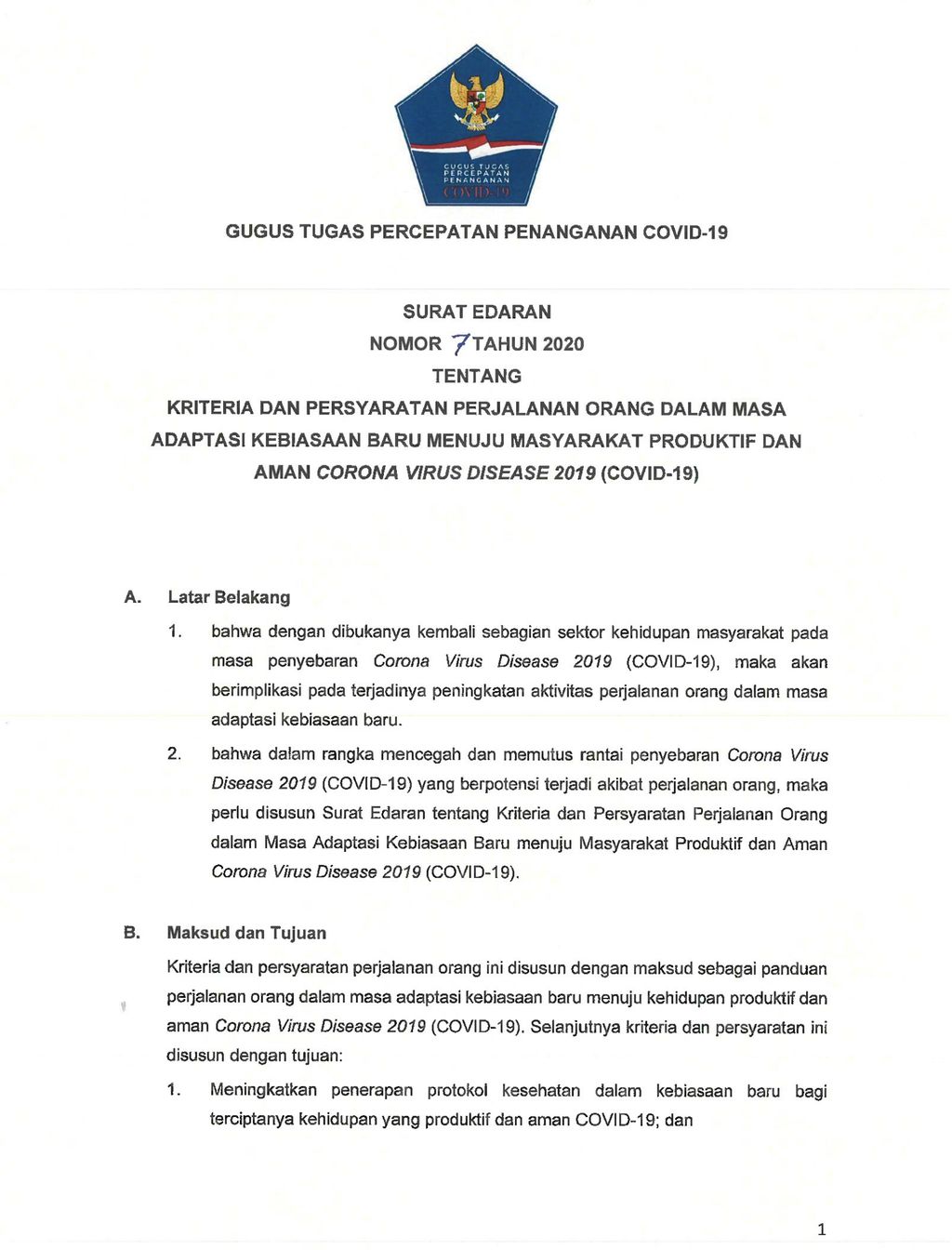 Surat Edaran Gugus Tugas Percepatan Penanganan Covid-19 (hal 1)