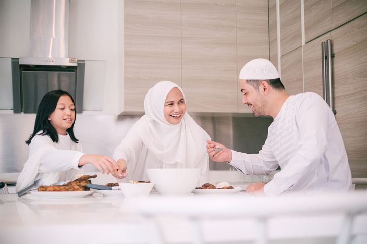 Islamic women friends dining together with happiness