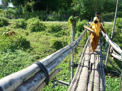 Potret Guru Lewati Jembatan Bambu untuk Antar Soal Ujian