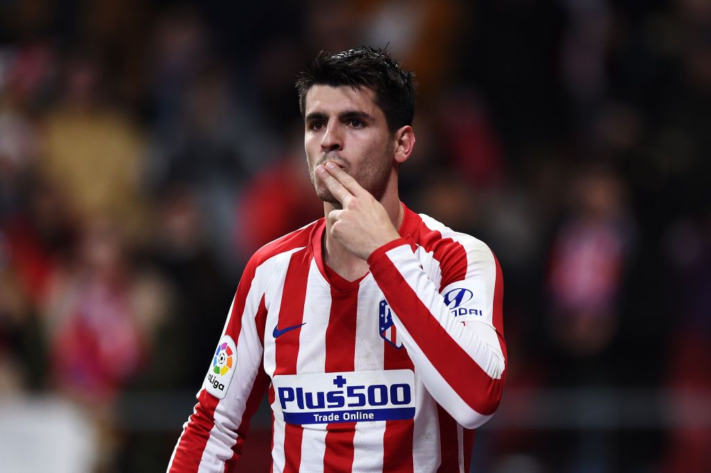 MADRID, SPAIN - DECEMBER 14: Alvaro Morata of Atletico Madrid celebrates scoring the opening goal during the Liga match between Club Atletico de Madrid and CA Osasuna at Wanda Metropolitano on December 14, 2019 in Madrid, Spain. (Photo by Denis Doyle/Getty Images)