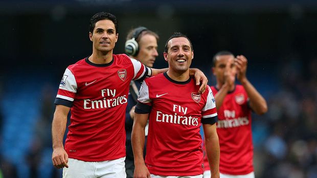 MANCHESTER, ENGLAND - SEPTEMBER 23:  Mikel Arteta and Santi Cazorla of Arsenal at the finsl whistle during the Barclays Premier League match between Manchester City and Arsenal at Etihad Stadium on September 23, 2012 in Manchester, England.  (Photo by Alex Livesey/Getty Images)