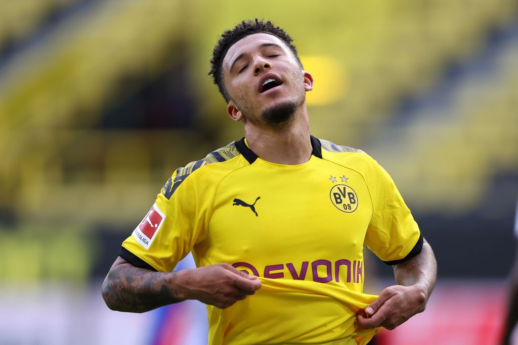 DORTMUND, GERMANY - JUNE 06: Jadon Sancho of Borussia Dortmund reacts to a missed chance on goal during the Bundesliga match between Borussia Dortmund and Hertha BSC at Signal Iduna Park on June 06, 2020 in Dortmund, Germany. (Photo by Lars Baron/Getty Images)