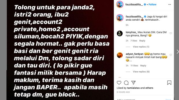 Status Fauzi Baadila untuk kaum janda, istri orang, dan homo seksual.