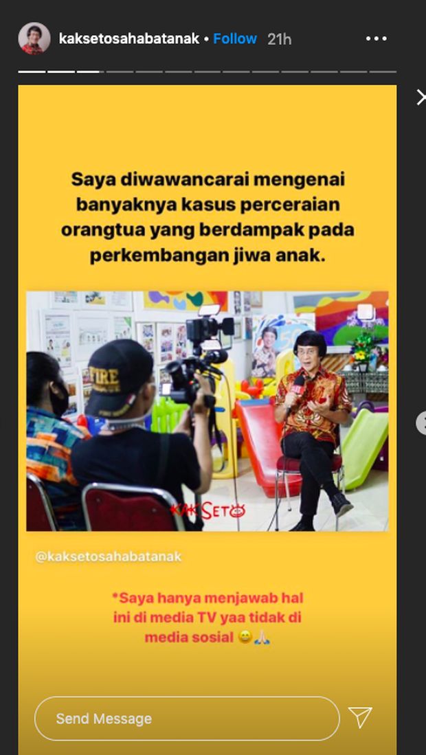Unggahan insta story Kak Seto mengklarifikasi mengenai komentar hoax terhadap KD dan Raul Lemos.