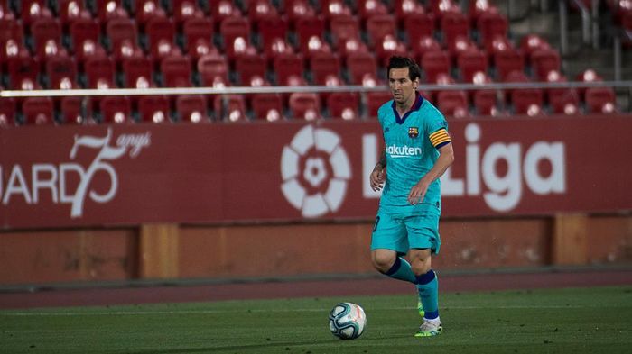 Messi Barcelonas Argentinian forward Lionel Messi controls the ball during the Spanish League football match between RCD Mallorca and FC Barcelona at the Visit Mallorca stadium (Son Moix stadium) in Palma de Mallorca on June 13, 2020. (Photo by JAIME REINA / AFP)