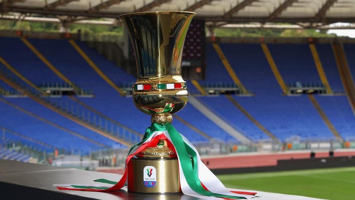 ROME, ITALY - MAY 13:  The Tim Cup trophy is displayed at Stadio Olimpico on May 13, 2019 in Rome, Italy.  (Photo by Paolo Bruno/Getty Images for Lega Serie A)