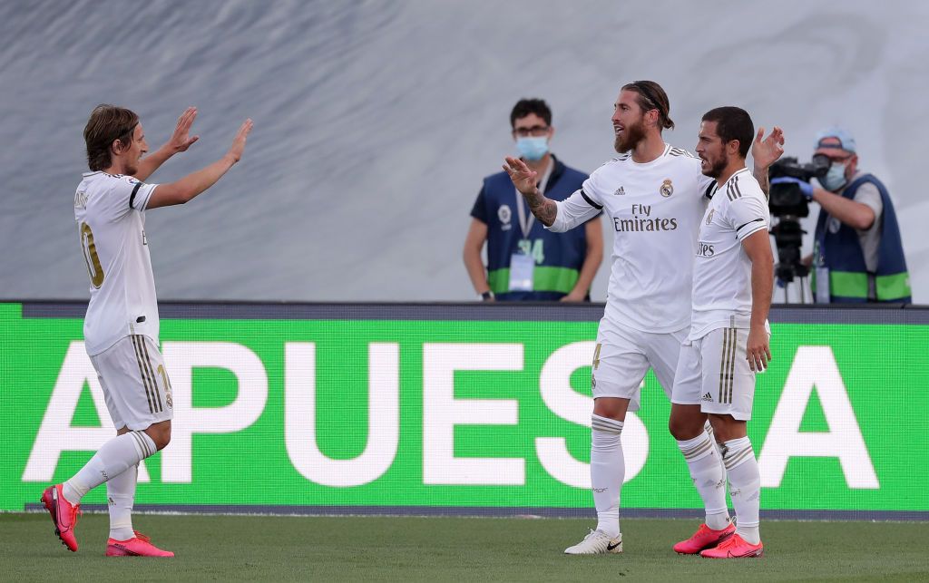 MADRID, SPAIN - JUNE 14: Sergio Ramos of Real Madrid celebrates after scoring his teams second goal during the Liga match between Real Madrid CF and SD Eibar SAD at Estadio Alfredo Di Stefano on June 14, 2020 in Madrid, Spain. (Photo by Gonzalo Arroyo Moreno/Getty Images)