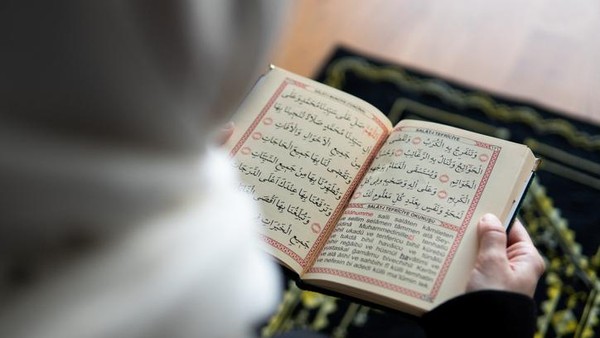 Muslim woman reading from the quran stock photo