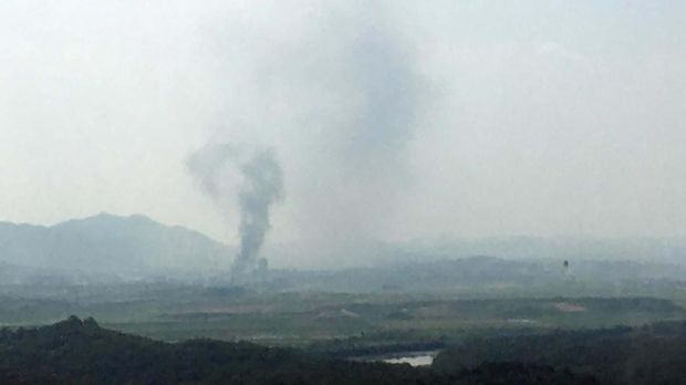 Smoke rises in the North Korean border town of Kaesong, seen from Paju, South Korea, Tuesday, June 16, 2020. South Korea says that North Korea has exploded an inter-Korean liaison office building just north of the tense Korean border. (Yonhap via AP)