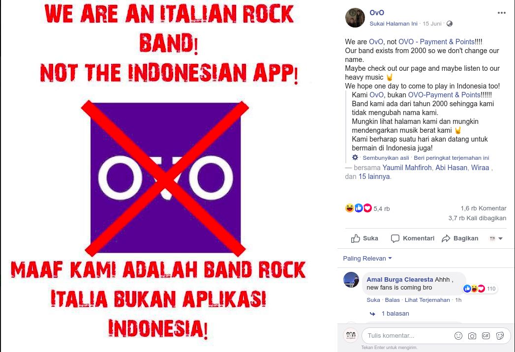 Band rock asal Italia memiliki nama sama dengan aplikasi pembayaran digital milik Indonesia, OVO.