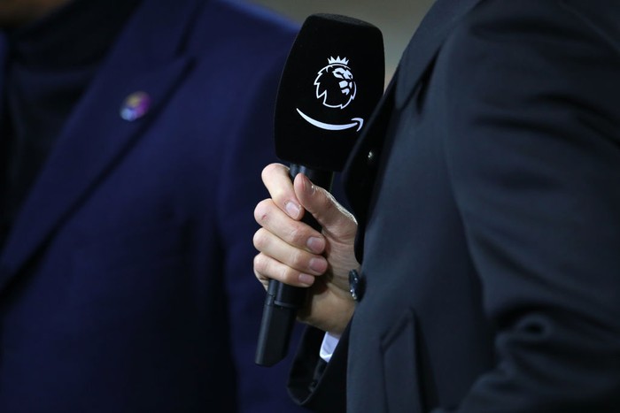 WOLVERHAMPTON, ENGLAND - DECEMBER 04: A detailed view of a microphone with both the Premier League logo and an Amazon logo is seen prior to the Premier League match between Wolverhampton Wanderers and West Ham United at Molineux on December 04, 2019 in Wolverhampton, United Kingdom. (Photo by Catherine Ivill/Getty Images)