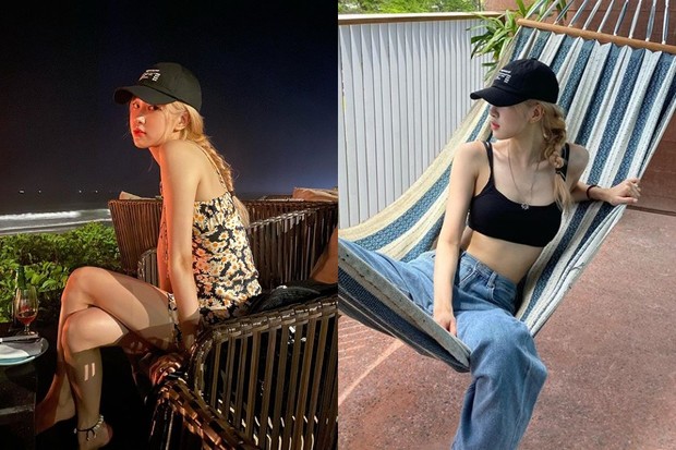 Rosé BLACKPINK dengan rambut panjang dikepang yang dilengkapi topi baseball