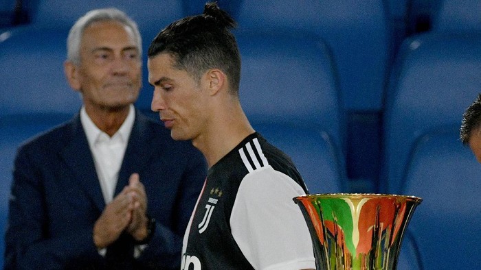 ROME, ITALY - JUNE 17:  Juventus player Cristiano Ronaldo passing near the trophy disappointed after the Coppa Italia Final match between Juventus and SSC Napoli winner at Olimpico Stadium on June 17, 2020 in Rome, Italy.  (Photo by Marco Rosi/Getty Images)