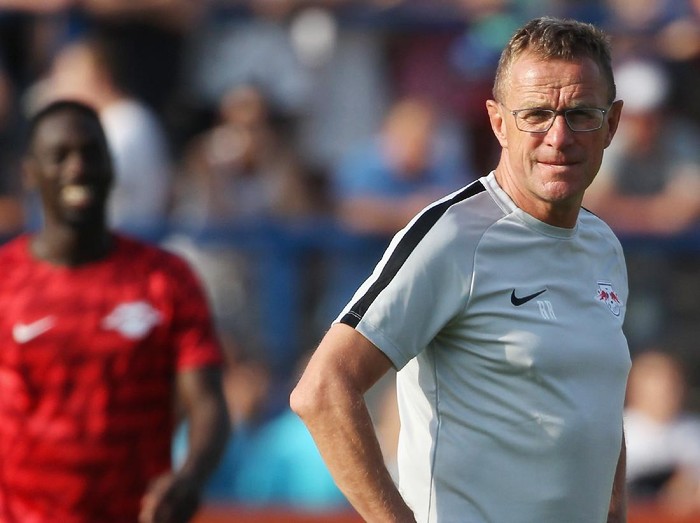 GRIMMA, SAXONY - JULY 20:  Headcoach Ralf Rangnick of Leipzig during the Pre Season Friendly Match between FC Grimma and RB Leipzig at Stadium of friendship on July 20, 2018 in Grimma, Germany.  (Photo by Karina Hessland/Getty Images)