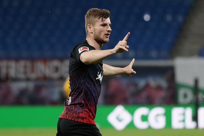 LEIPZIG, GERMANY - JUNE 17:  Timo Werner of RB Leipzig celebrates after scoring his teams second goal during the Bundesliga match between RB Leipzig and Fortuna Duesseldorf at Red Bull Arena on June 17, 2020 in Leipzig, Germany. (Photo by Alexander Hassenstein/Getty Images)
